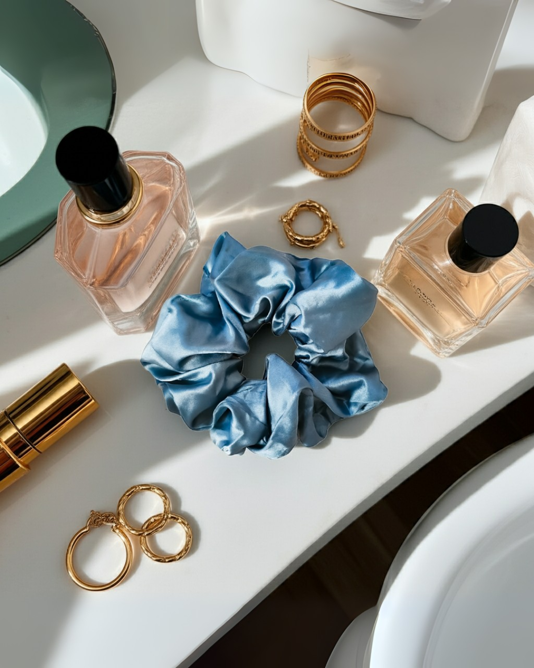 Jumbo satin scrunchies in olive, turquoise, mint, and pearl. Gentle, no-tug hold for curls, coils, braids & locs. Quiet luxury by LATC Essentials.