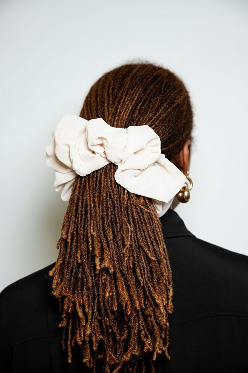 Person with locs wearing a white scrunchie and gold earrings on a plain background
